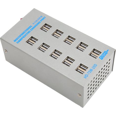 Station de charge USB 75 W à 20 ports avec protection de circuit, hub de charge USB 100-240 V pour téléphone, tablette et casque audio (prise UE). (1/5)
