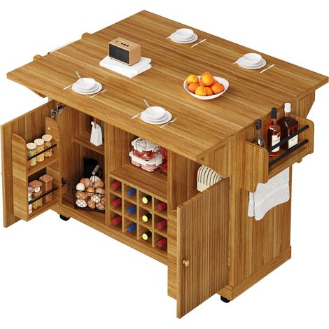 Ilot central de cuisine extensible Marron,desserte Csuisine avec plan de travail,sur roulettes,142.5x40(80)x95cm (1/5)