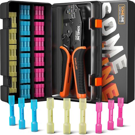 Pince à Sertir Cosse Thermorétractable Kit, Pince à Sertir 0,34-6 mm², avec 100 pcs Connecteur Thermorétractable, Cosse a Sertir Connecteur Electrique Etanche, for Cars and Boats (1/5)