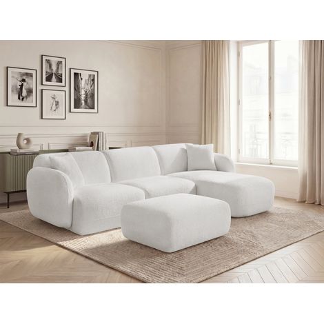 BOBOCHIC - Canapé d'angle fixe modulable ANDA tissu chenille avec pouf Angle droit Blanc (1/5)