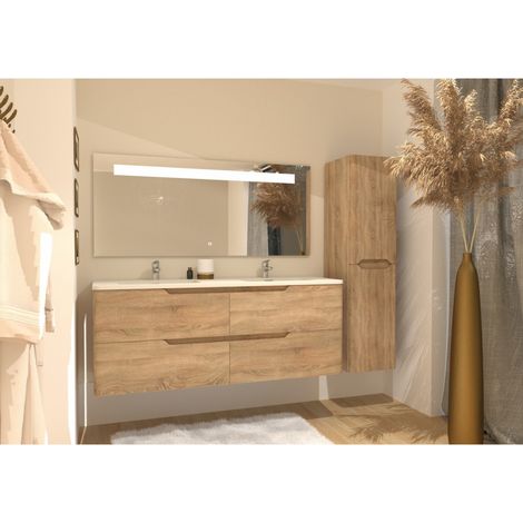 Meuble double vasque LUNA Bois Clair 140cm sans miroir (1/3)