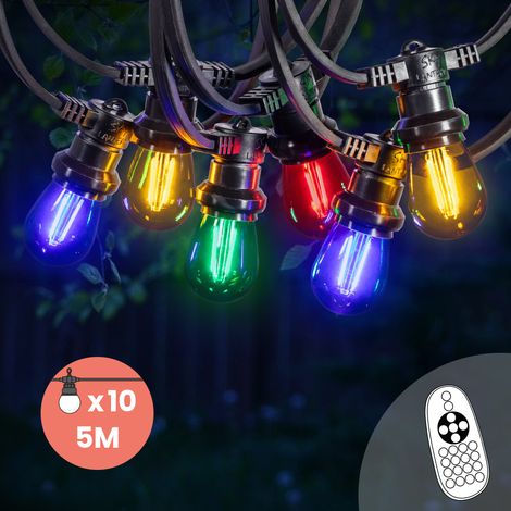 Guirlande Guinguette Professionnelle 10M 5 Bulbes Filament Rouge Bleu Jaune Vert avec Variateur de Luminosité et Télécommande - Guirlande Lumineuse Ampoule E27 Colorées à Intensité Variable (1/5)