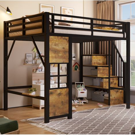 Cama alta 140x200 cm de metal y MDF negra con almacenaje, sin colchón – MEUBLIV (1/5)