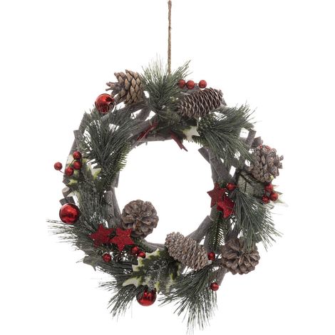 Couronne de Noël en Bois avec branchage et déco rouge pailletée D 30 cm - Feeric Christmas (1/2)
