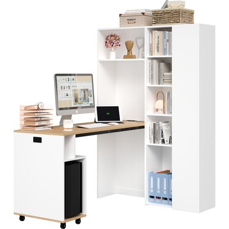 Bureau Pliable avec Étagère 2 en 1, Bureau d'Angle Droit Blanc avec Prise et Port USB, 104.5x30.5x160 cm (1/5)