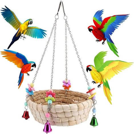 Jouet pour cage, jouet pour perroquet, jouets pour perroquet, jouets pour oiseaux en paille naturelle tressée à la main avec 4 clochettes en métal pour perruches, Co (1/5)