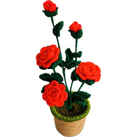 Handgestrickte künstliche Topfpflanze aus Wolle, bestehend aus 5 Rosen – Dekoration für den Innenbereich (1/5)