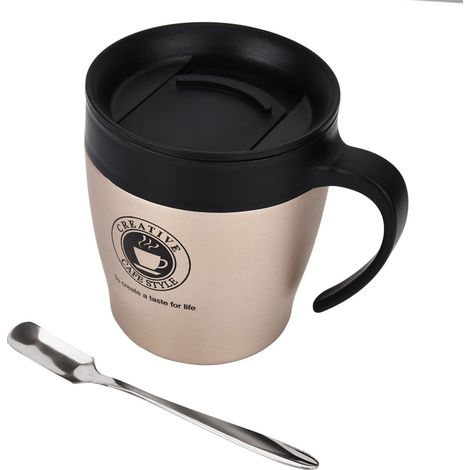 Isolierter Kaffeebecher aus Edelstahl mit Löffel und Deckel für Büro und Reisen (Gold) (1/5)