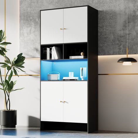 Vitrine 80 x 40 x 185 cm, quatre portes, trois ouvertures, structure en bois, coloris noir et blanc (1/5)