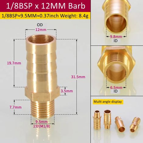 Raccord de tuyauterie en laiton (1l8BSP 12 mm Barb-CN) 6/8/Tuyau, embout cannelé BSP mâle, connecteur, joint, coupleur en cuivre, adaptateur (1/5)