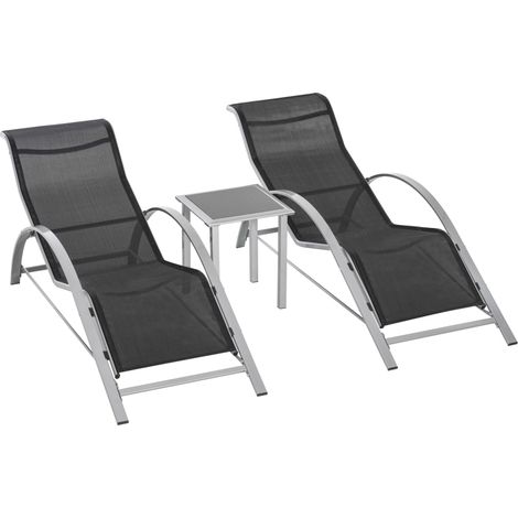 Set da giardino 3 pezzi in metallo nero con 2 sedie a sdraio e tavolino in vetro temperato (1/5)