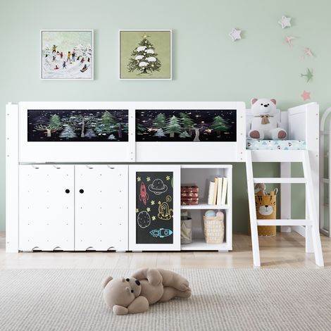 Lit superposé pour enfant, avec placards à double porte et tableau noir pour dessiner, échelle inclinée à deux marches, barrière de sécurité, pin + MDF + contreplaqué, blanc, 90 x 200 cm (1/4)