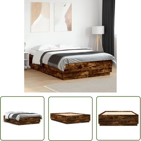 The Living Store Cadre de lit sans matelas chêne fumé 120x200 cm - Cadre De Lit - Lit Double - Lit Moderne - Lit En Bois - Sommier (1/5)