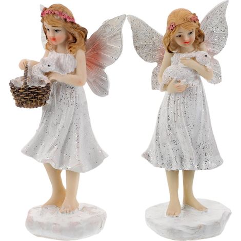 Estatuas decorativas de hadas y ángeles (2 piezas) con cesta de conejo alado, figuras de ángeles para caminos de jardín, adorno para interiores y exteriores, ideal para patios y porches. (1/5)