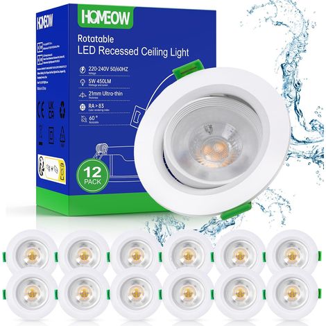 Spot Led Encastrable Orientable Spots de Plafond Extra Plat Blanc Froid 5W 230V IP44 for Salle de Bain, Lumiere Interieur Trou Ø70mm - 80mm Lampe Blanc Rond 450LM 6000K, Lot de 12