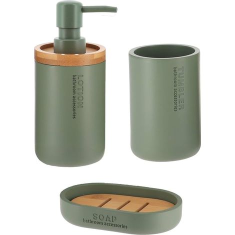 1 - Ensemble Accessoires Salle De Bain - Distributeur Savon Gobelet Porte-savon - Polyresine Bambou - Usage Quotidien - Kaki - 20x15x10cm