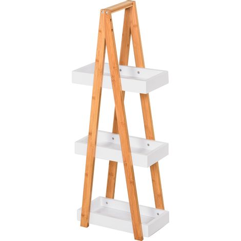 Étagère bambou blanche 30x18x81 cm – 3 paniers, debout – Meuble salle bain rangement (1/5)