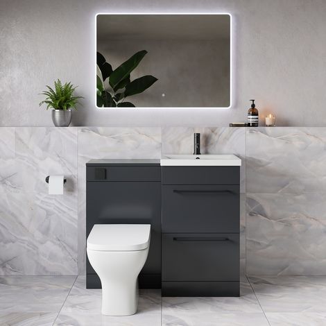 Napoli 390 Gloss Grey 1000mm 2 Drawer Vanity Unit Toilet Suite with Glide Basin - 1000mm - Matt Black 320mm HandleWith Kingston Toilet Pan and Seat