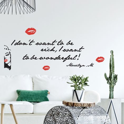Sticker mural citation Marilyn Monroe I Want To Be Wonderful, 24x68cm, trace rouge à lèvres, déco murale autocollante (1/3)