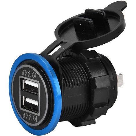 Prise de charge double USB 4,2 A en aluminium noir, pour voiture, moto, bateau, éclairage bleu