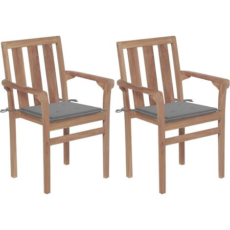Gartenstühle 2 Stk. mit Grauen Kissen Teak Massivholz