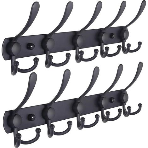 Porte-manteau mural – durable, en acier inoxydable, avec crochets métalliques pour manteaux, chapeaux, serviettes, portefeuilles, peignoirs, vestiaire, salle de bain, entrée (noir, lot de 2) (1/5)