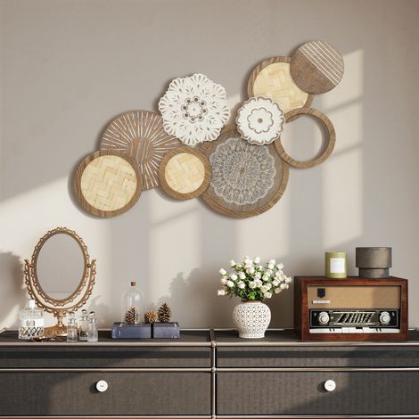 Decorazione murale in legno, scultura da parete in legno, design unico a dischi multipli, 83,8 x 44,5 cm, legno naturale