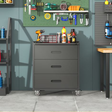 Armoire à outils métallique robuste sur roues, 3 tiroirs, 75x42x88 cm, noir/gris (1/5)