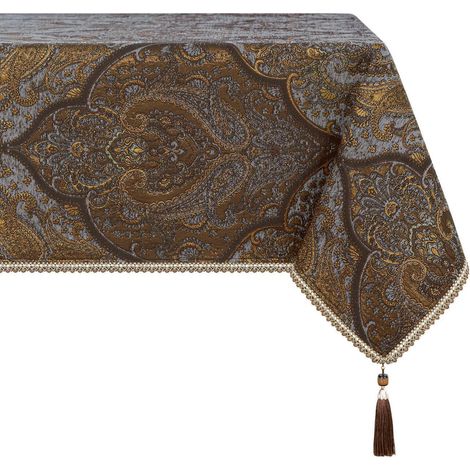 Nappe à franges 140x240cm Gris & Or, rectangulaire, motif jacquard