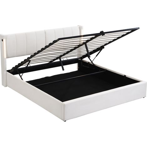 Cama con arcón LED 180 x 200 cm en PU blanco con USB, almacenaje y cabecero ajustable (1/5)