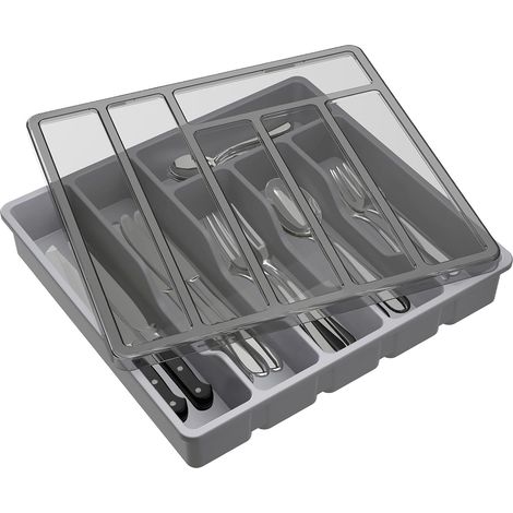 Cassetto portaposate con coperchio, contenitore per posate da cucina, organizer in plastica per posate, porta cucchiai e forchette, 6 scomparti, grigio (1/3)
