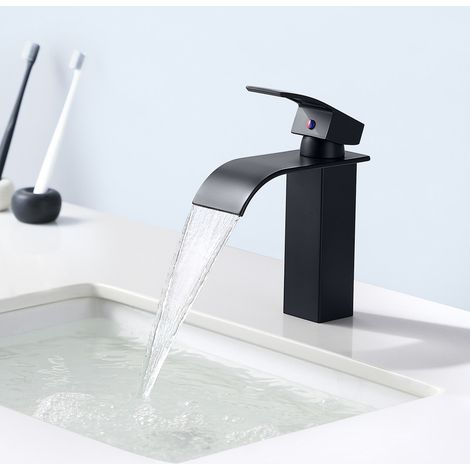 Grifo de Lavabo Cascada Negro, Auralum Monomando Grifo lavabo con caño 114mm en Acero Inoxidable, Mezclador de Agua Caliente y Fría, Grifo para Lavabo de Baño, Sin Salpicaduras