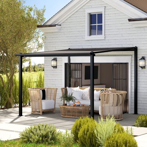 Pergola jardin extérieur en aluminium 3 x 3 m avec toit en polycarbonate imperméable et système de drainage. gris