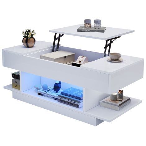 Table basse blanc 98x45x40cm relevable LED, rangement semi-ouvert