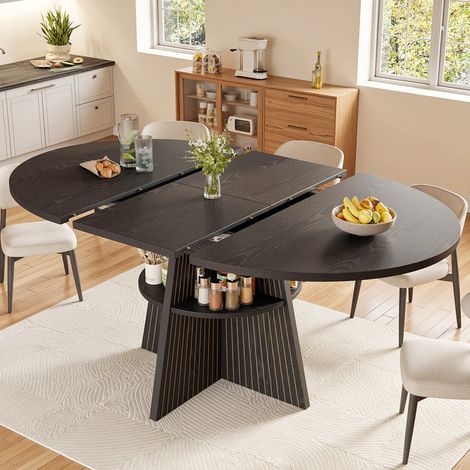 Table extensible 120-150 cm avec rangement intégré dans les pieds, plateau épais, angles arrondis, Table à manger multifonctionnelle et gain de place (1/5)