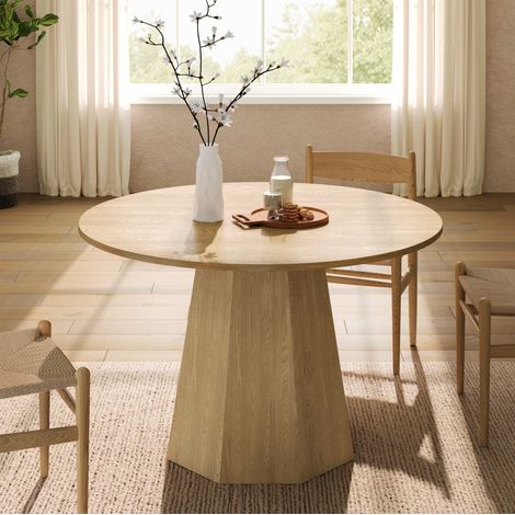Table à manger ronde 120x120x75 cm pour 4 à 6 personnes, style scandinave, MDF marron clair (1/5)