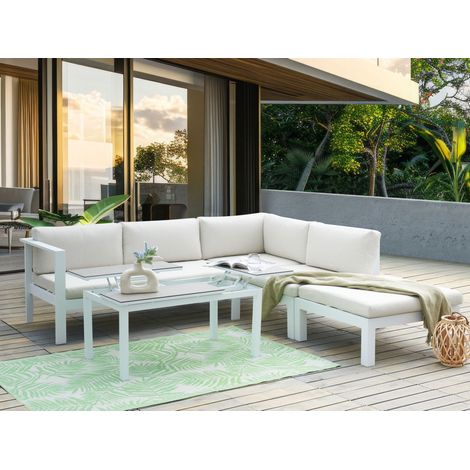 Conjunto de jardín 5 plazas sofá y mesa elevable estructura blanca tablero de vidrio y cojines blanco crema Messina (1/5)