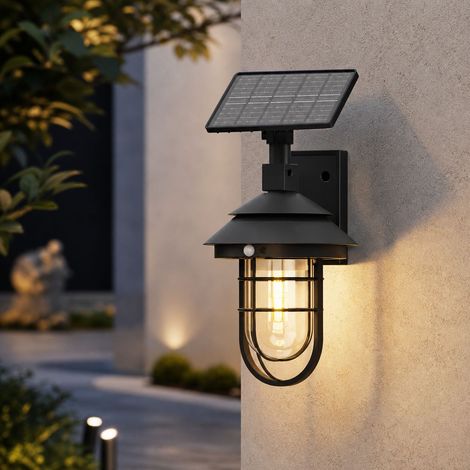 Applique a LED solare da parete, in ABS impermeabile, nera, 37 cm, con sensore di movimento a 180°, 3 modalità, illuminazione wireless per giardino, cortile e recinzione. (1/4)