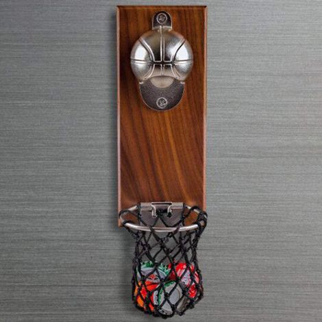 Ouvre-bouteille mural magnétique avec panier de basket en bois, décoration frigo, aimant, décapsuleur bière. (1/5)