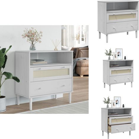 Buffet SENJA aspect rotin blanc 80x40x80 cm bois massif de pin - Meuble De Rangement - Buffet Design - Meuble Tv - Commode - Table Basse (1/5)