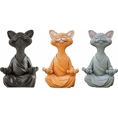 Ensemble de 3 statues de chats méditants Bouddha joyeux sous forme de chat Statue de chat zen pour la méditation ou le yoga Sculpture apaisante pour la maison ou l'extérieur (1/5)