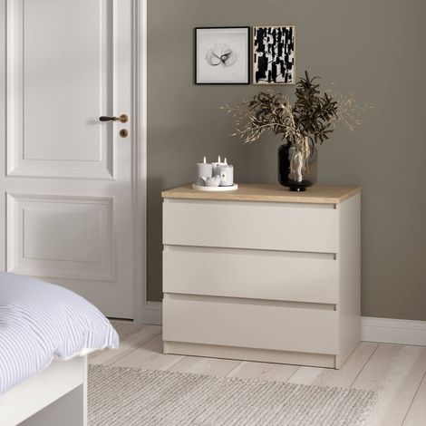 Dmora - Cómoda Vistara, cajonera multifuncional con 3 cajones, cómoda elegante para dormitorio, 77x50 h70 cm, Beige (1/5)