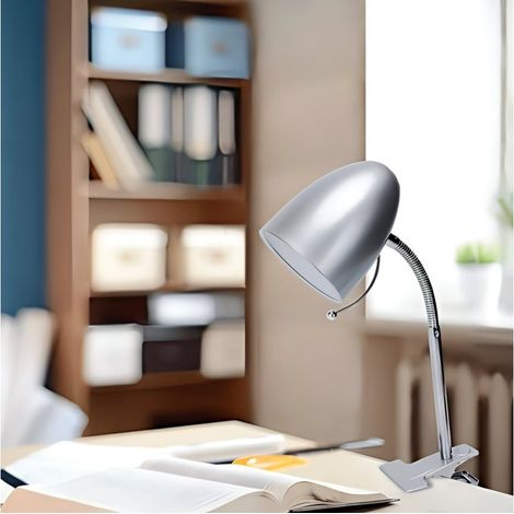 Abat-jour à pince métal argenté col flexible, douille E27, éclairage modulable pour bureau lit