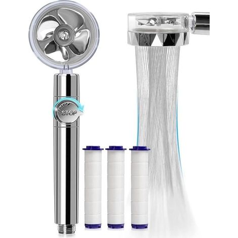 Douche à économie d'eau haute pression, pommeau de douche à main à hélice rotative à 360 degrés avec filtre, pommeau de douche Turbo Spa avec ventilateur et interrupteur (argent) (1/4)