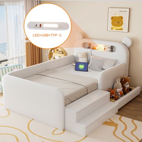 Lit enfant rembourré 90x200 cm avec tête de lit ours, rangement intégré, veilleuse et prise USB, lit simple en simili cuir - Blanc (1/5)