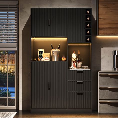 Küchensideboard mit LED, 3 Schubladen, Weinregal und Steckdosen, schwarz, 105x40x180 cm (1/5)