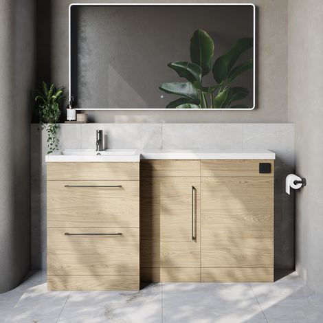 Napoli 390 Light Oak 1500mm 2 Drawer Vanity Unit Toilet Suite with Left Hand Square Lucia Basin - 1500mm - Gunmetal Grey 320mm HandleWithout Kingston Toilet Pan