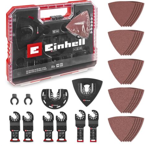 Originale Einhell XL-PLUS-CASE Set multiutensile per legno da 35 pezzi (lame da taglio a tuffo CV, lama da taglio semitonda HCS, piastra di supporto Delta, carta vetrata per legno, adattatore Dremel)