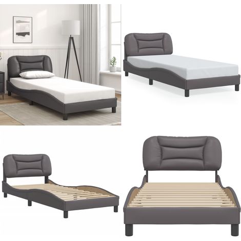 Cadre de lit sans matelas gris 90x190 cm similicuir - Lit Plateforme - Tête De Lit Intégrée - Cadre De Lit Design - Lit Double - Literie - Home & Living (1/5)