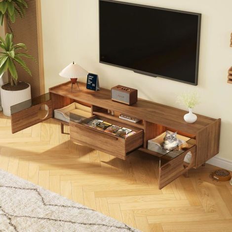 Meuble TV blanc avec éclairage LED – Dimensions 160x38x50.5cm – Pour téléviseurs jusqu'à 70 pouces – Design moderne pour salon
